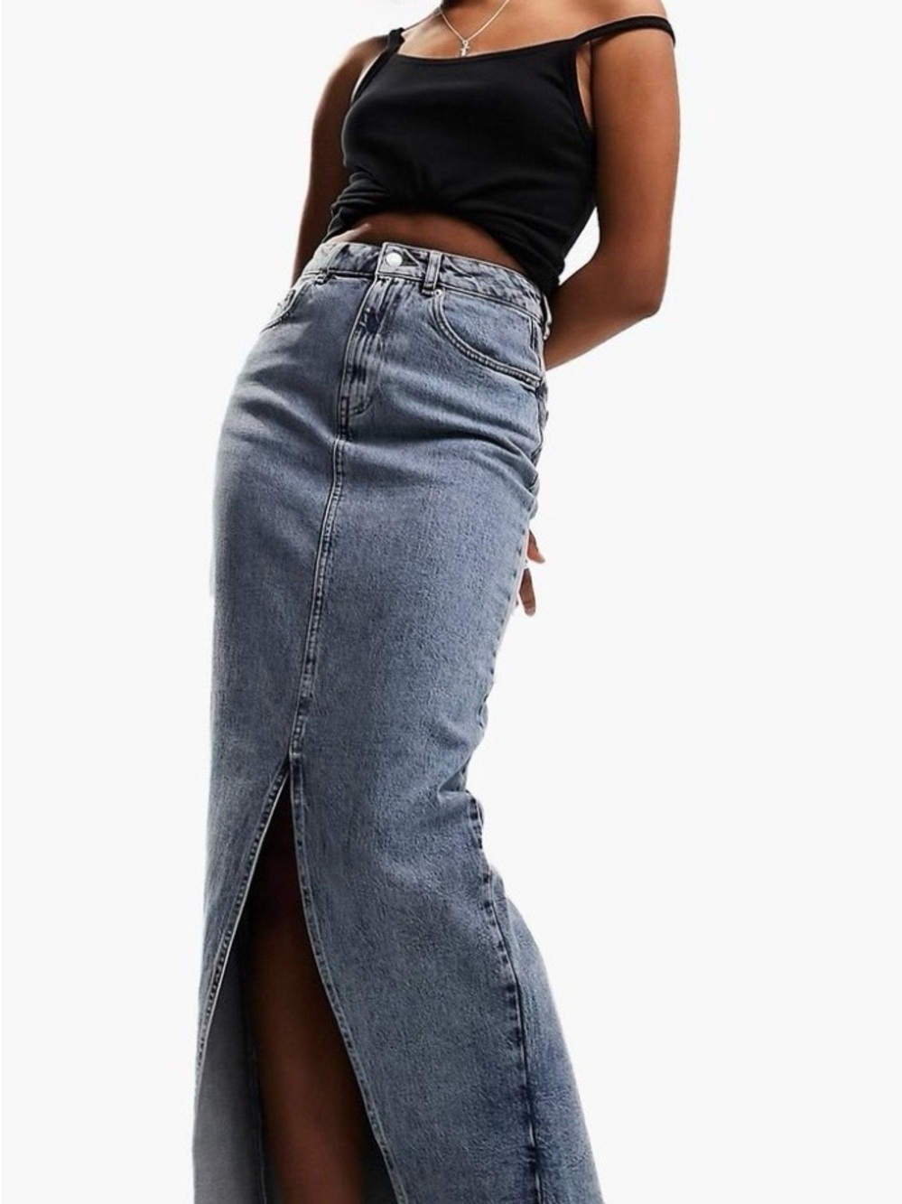 ASOS DESIGN denim midi skirt with split hem in midwash